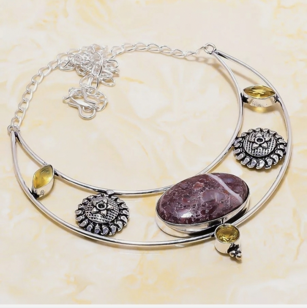 New Unique Cappuccino Jasper and Citrine 925 Silver Necklace.